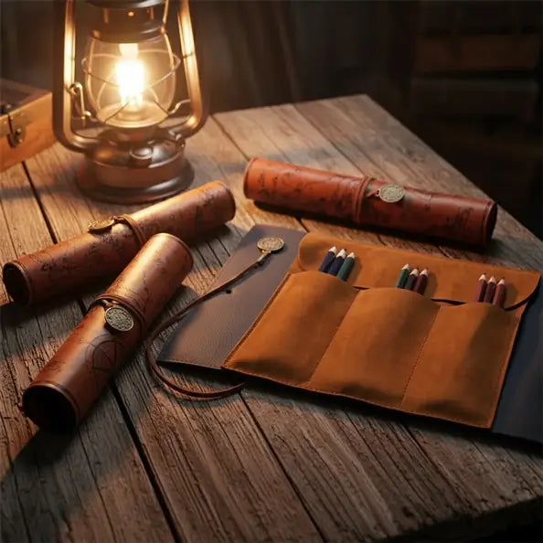 Trousse carte au trésor ouverte près d’une lampe à huile, ambiance chaleureuse et explorateur.