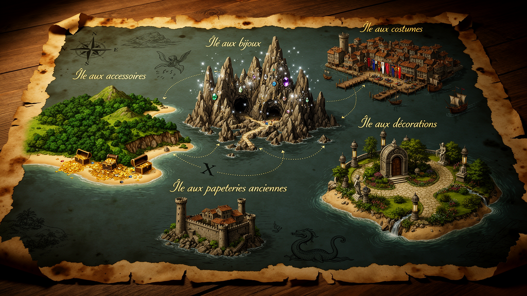 Carte présentant les cinq îles de Trésor Pirate en illustration 3D, qui semblent sortir de la carte, posée sur une table en bois.