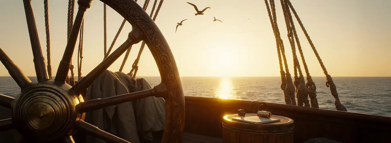 Vue à la première personne dans la peau d’un capitaine pirate sur son navire, devant le gouvernail avec vue sur la mer et l’horizon