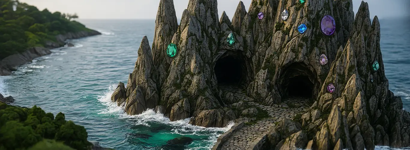 Vue rapprochée de l’entrée de l’île aux Bijoux avec des pierres précieuses accrochées aux parois de l’île rocheuse.