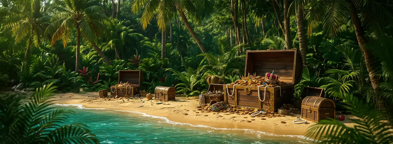 Vue rapprochée de l’île aux accessoires, sur la plage remplie de coffres et trésors pirates.