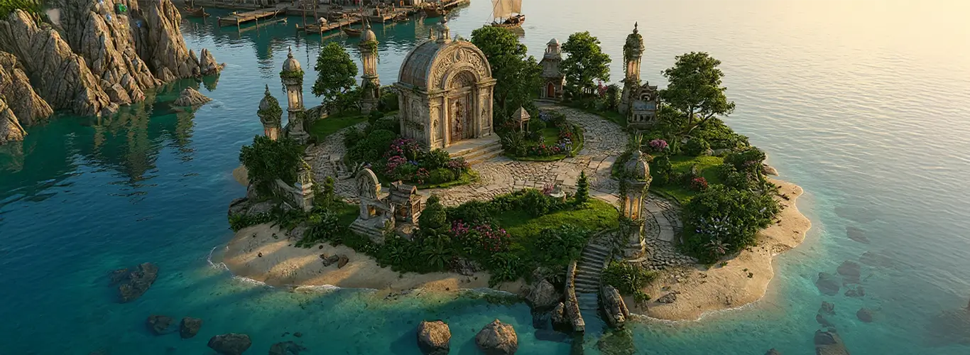 Vue rapprochée de l’île aux décorations, entourée de sa végétation, et des monuments en pierre.