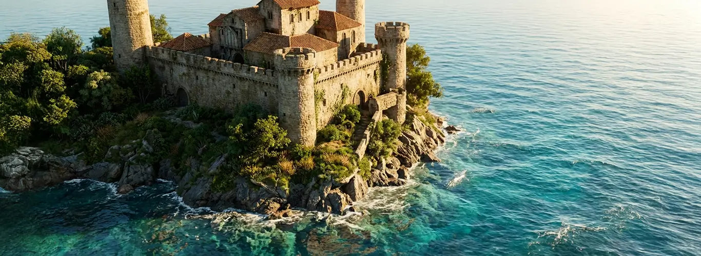 Vue rapprochée de l’île aux papeteries anciennes, avec un fort ancien qui domine une île assez rocheuse et végétalisée sur ses alentours.