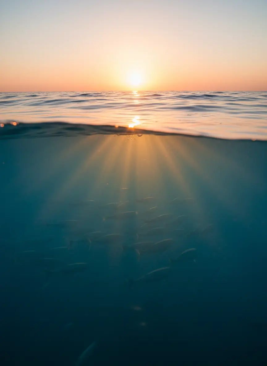 Vue sous la surface de l'océan avec un coucher de soleil au ras de l'eau, silhouettes de poissons visibles.